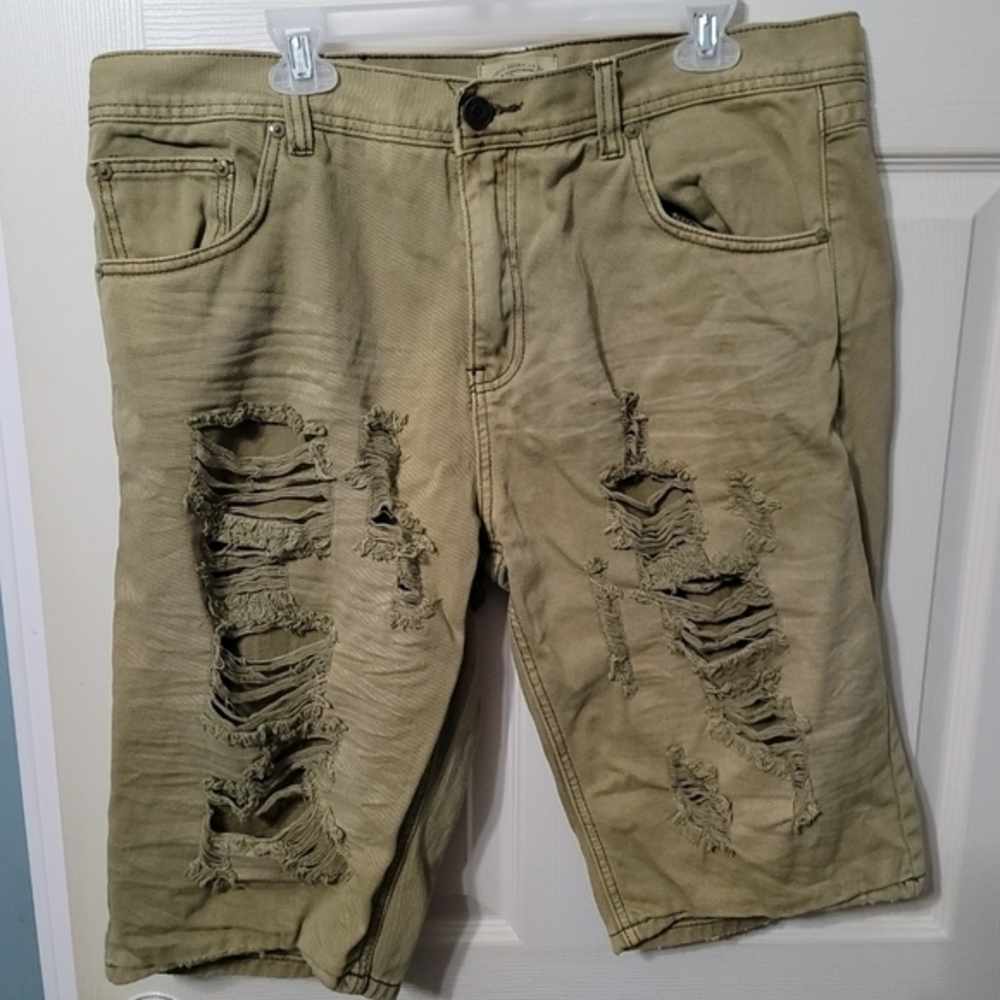 M-X Original American Denim Tattered Khaki Colored Jean Shorts Mens 40 Excellent